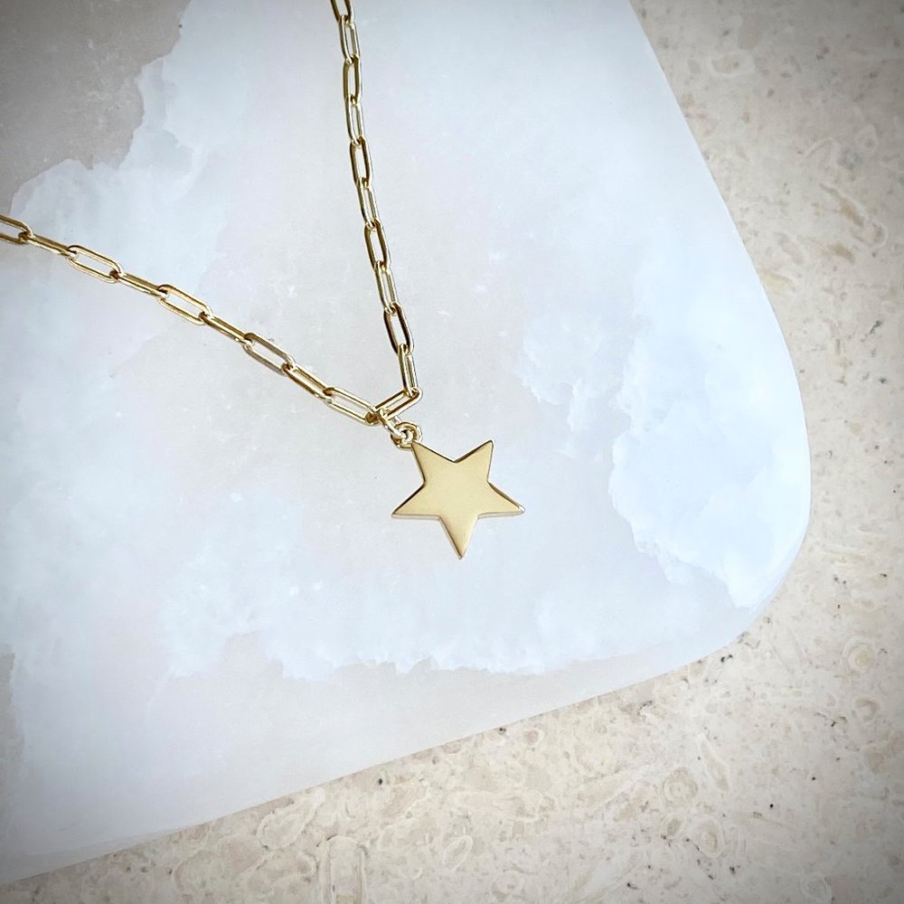 NEW 14K Gold Plated Sterling Star Charm Paper Clip Necklace - Picture 3 of 5